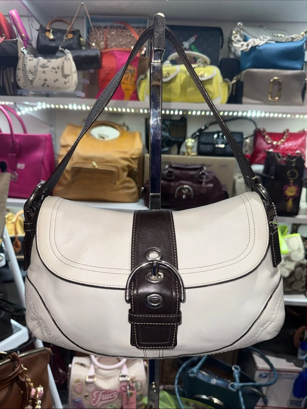 Coach  Soho Y2K Cream and Dark Brown Leather Shoulder Bag